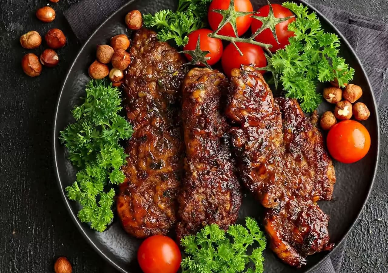 Siyah tabakta servis edilen et tabağı